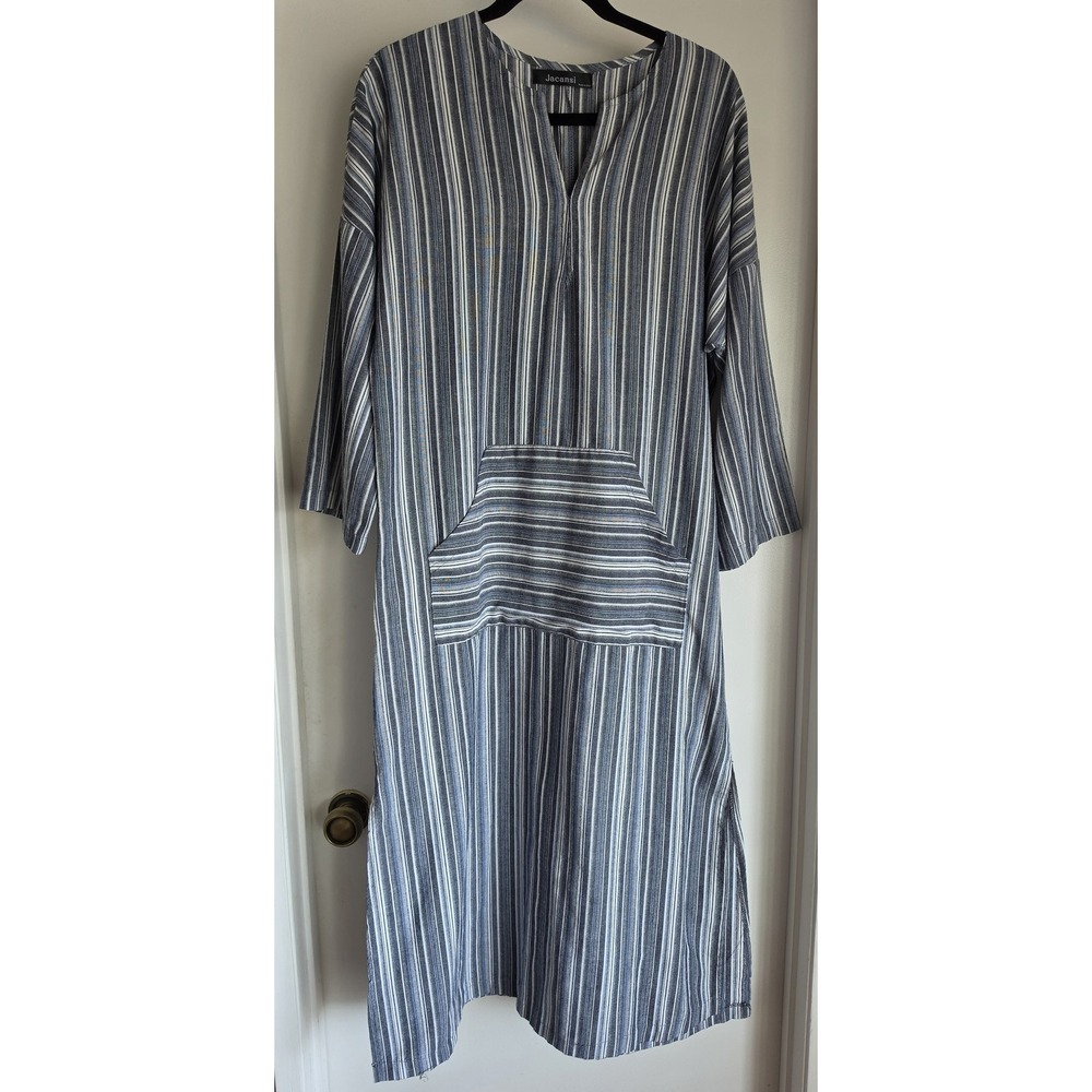 Jacansi Women's Maxi Dress Blue Striped Long 50in Pit to Pit 26in Relaxed Breezy